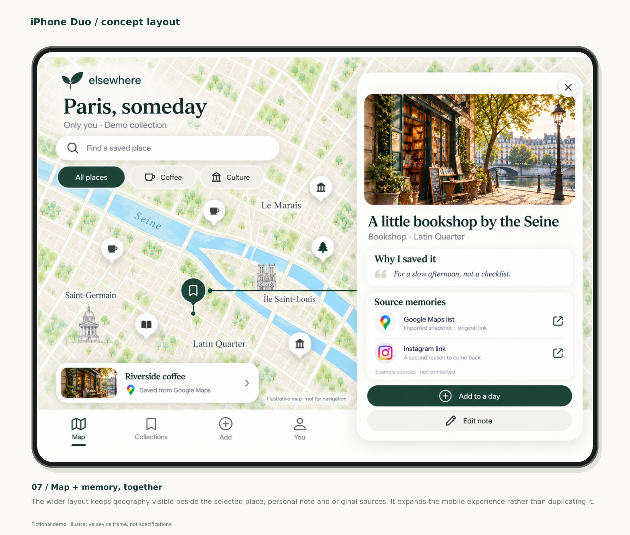 Preview showing a map beside a place’s photograph, personal note and source memories.