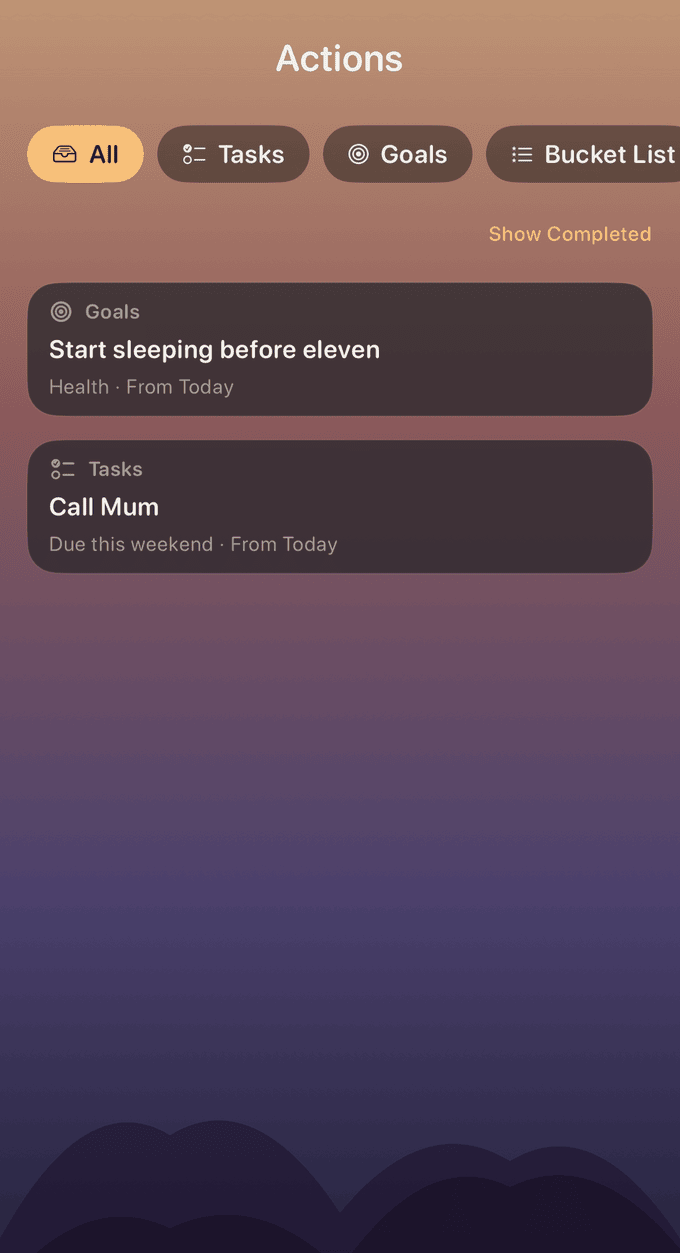 Zenith Actions tab: filter chips for All, Tasks, Goals and Bucket List, with AI-extracted cards "Start sleeping before eleven" (Goal) and "Call Mum" (Task, due this weekend).