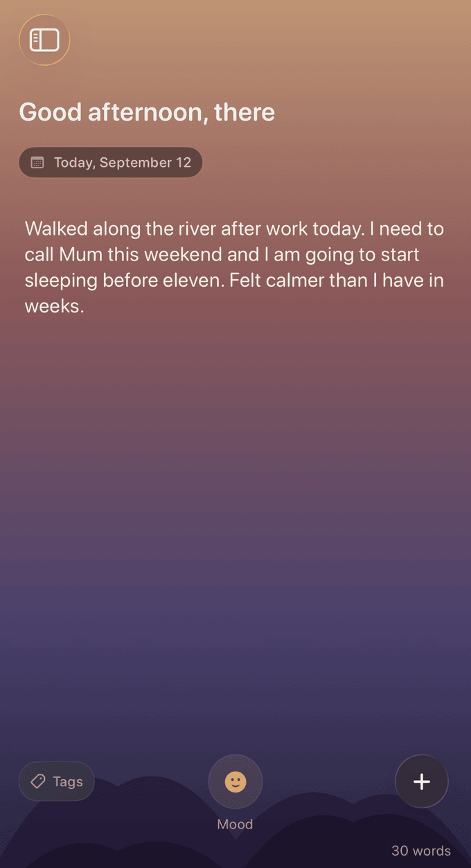 Zenith Journal tab: "Good afternoon, there", today's date pill, a short journal entry about a river walk, and the Tags, Mood and quick-capture buttons.