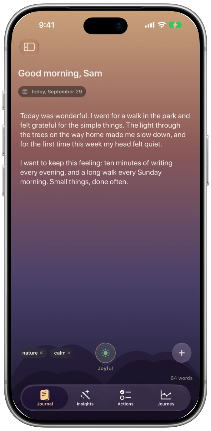 Actual Zenith Journal screen in an iPhone 18 Pro mockup