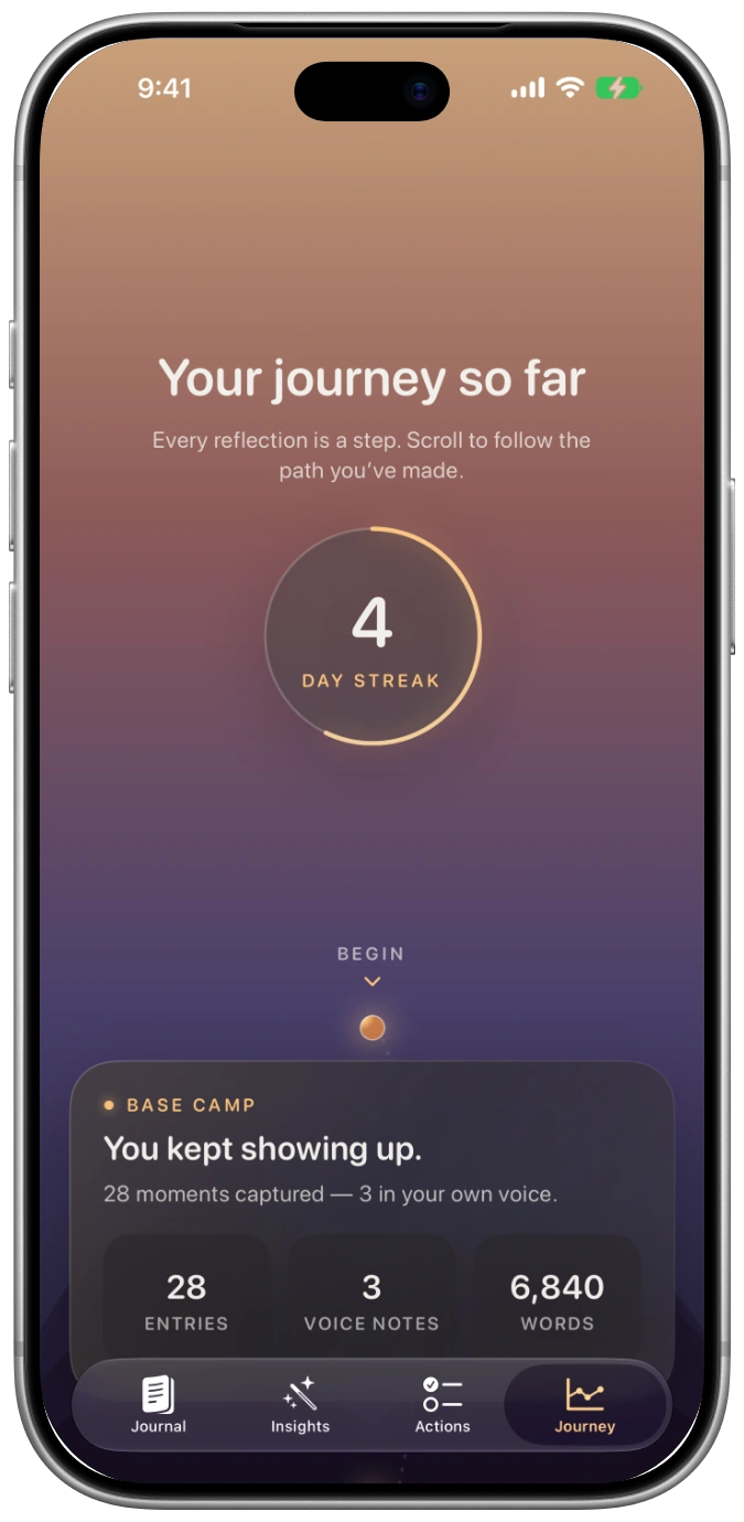Actual Zenith Journey screen in an iPhone 18 Pro mockup