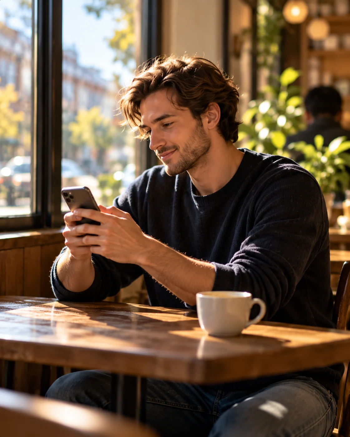 A moment with a phone and coffee in a café