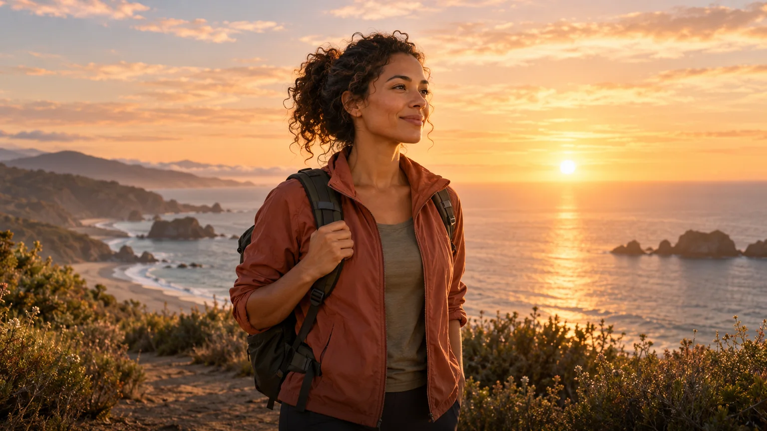 A woman with a daypack pauses after a coastal walk, looking toward the sunrise