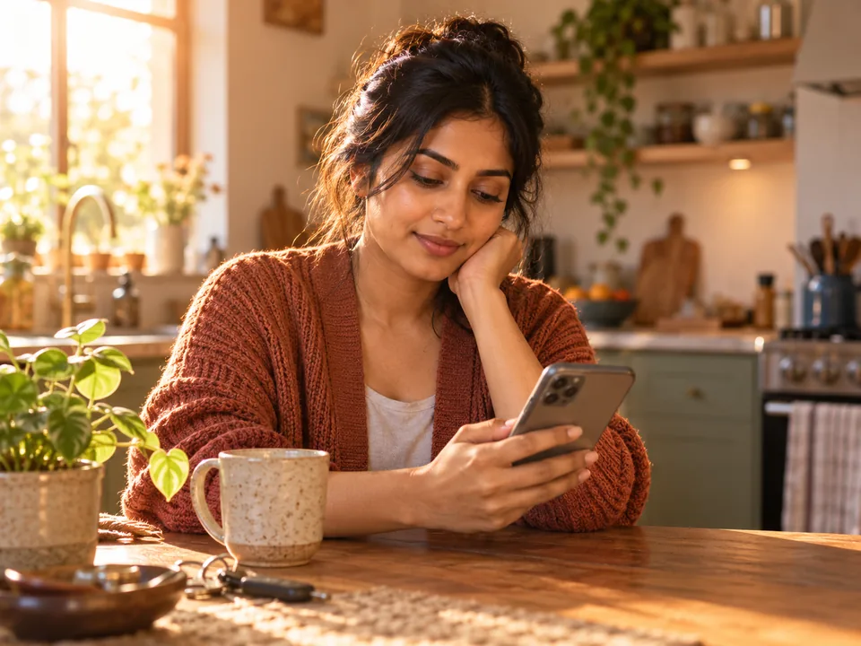 A woman taking a moment with her phone at a sunlit kitchen table