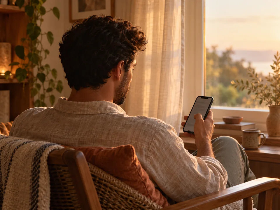 A man spending a quiet moment with his phone beside a window